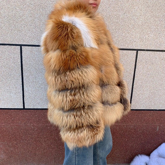 HUA QIU MEI SI Natural Red Fox Fur Jacket for Women's Winter Warmth 100% True Fur Leather Jacket Red Fox Jacket