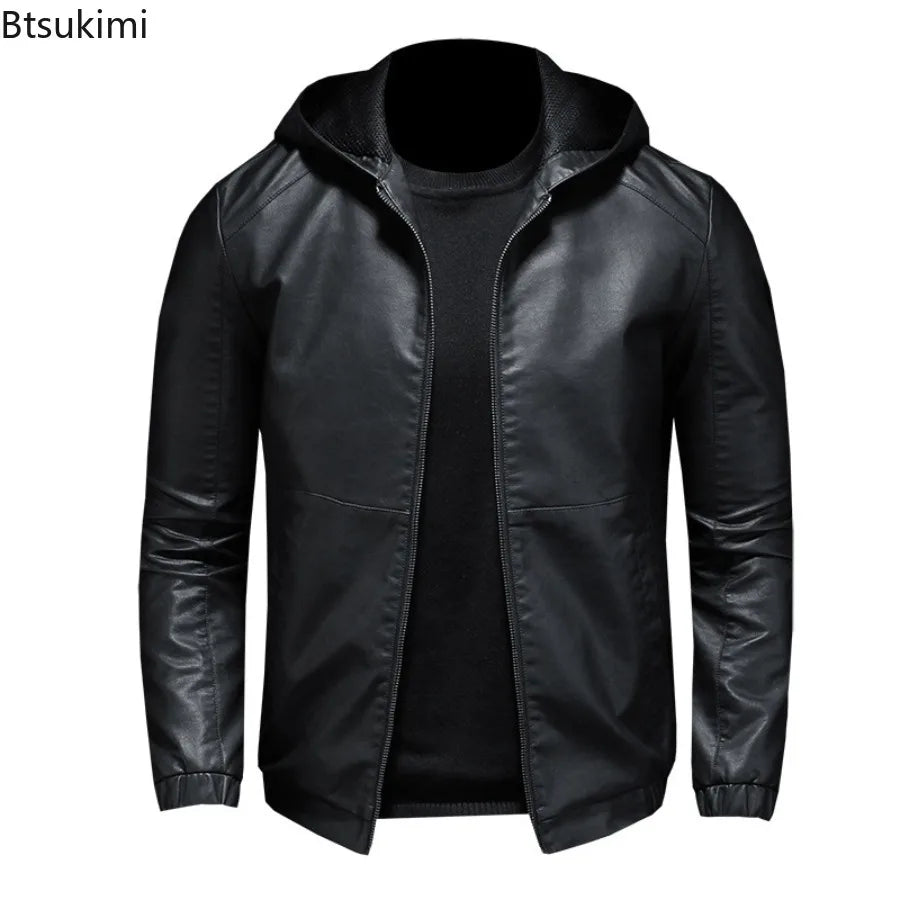 New Autumn Winter Men's Fleece Leather Jackets Casual Warm Windbreaker Hooded Coats Men Motorcycle PU Leather Jackets Streetwear