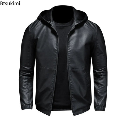 New Autumn Winter Men's Fleece Leather Jackets Casual Warm Windbreaker Hooded Coats Men Motorcycle PU Leather Jackets Streetwear