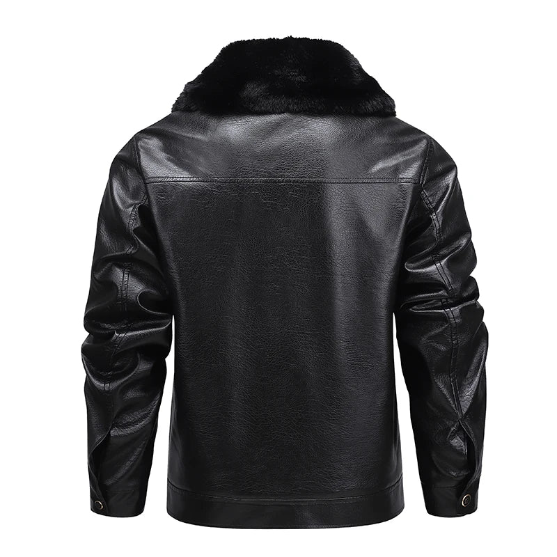 Fur Collar Men Faux Leather Jacket Winter Fleece Lined Biker Jackets Fashion Motorcycle Leather Coat Outwear Casual Streetwear