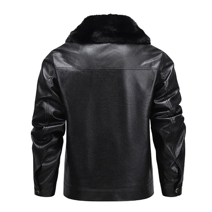 Fur Collar Men Faux Leather Jacket Winter Fleece Lined Biker Jackets Fashion Motorcycle Leather Coat Outwear Casual Streetwear