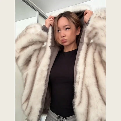 Reversible Faux Fur Hooded Jacket Women Zip Up Oversized Cropped Coat 2 Ways Wear 2026 Winter Casual Street Outerwear