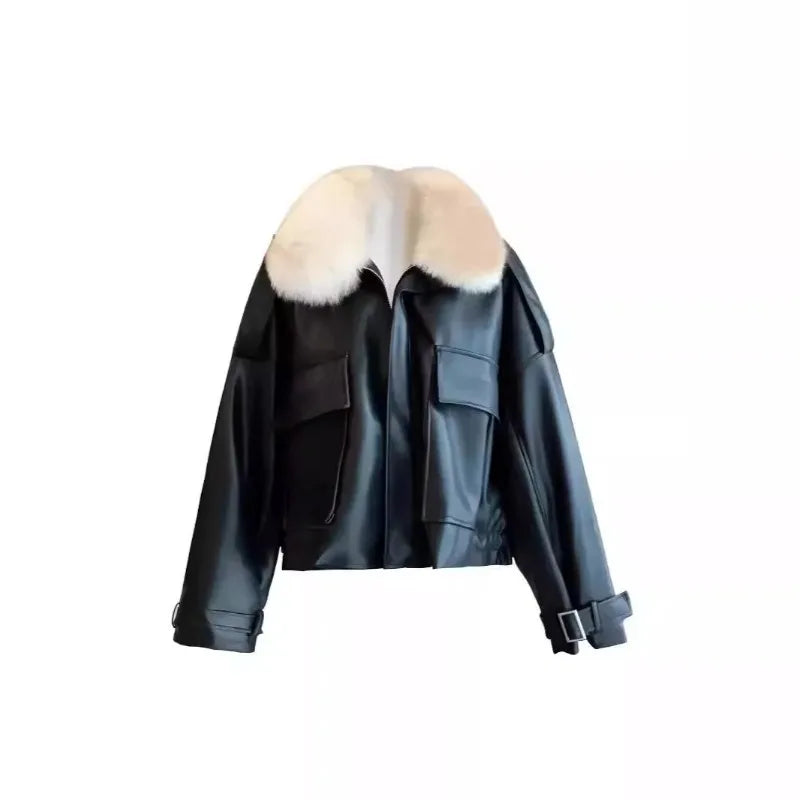 2024 Autumn and Winter Velvet Thickened Leather Jacket Short Removable Imitation Fox Fur Collar Fur All-in-one Jacket Women