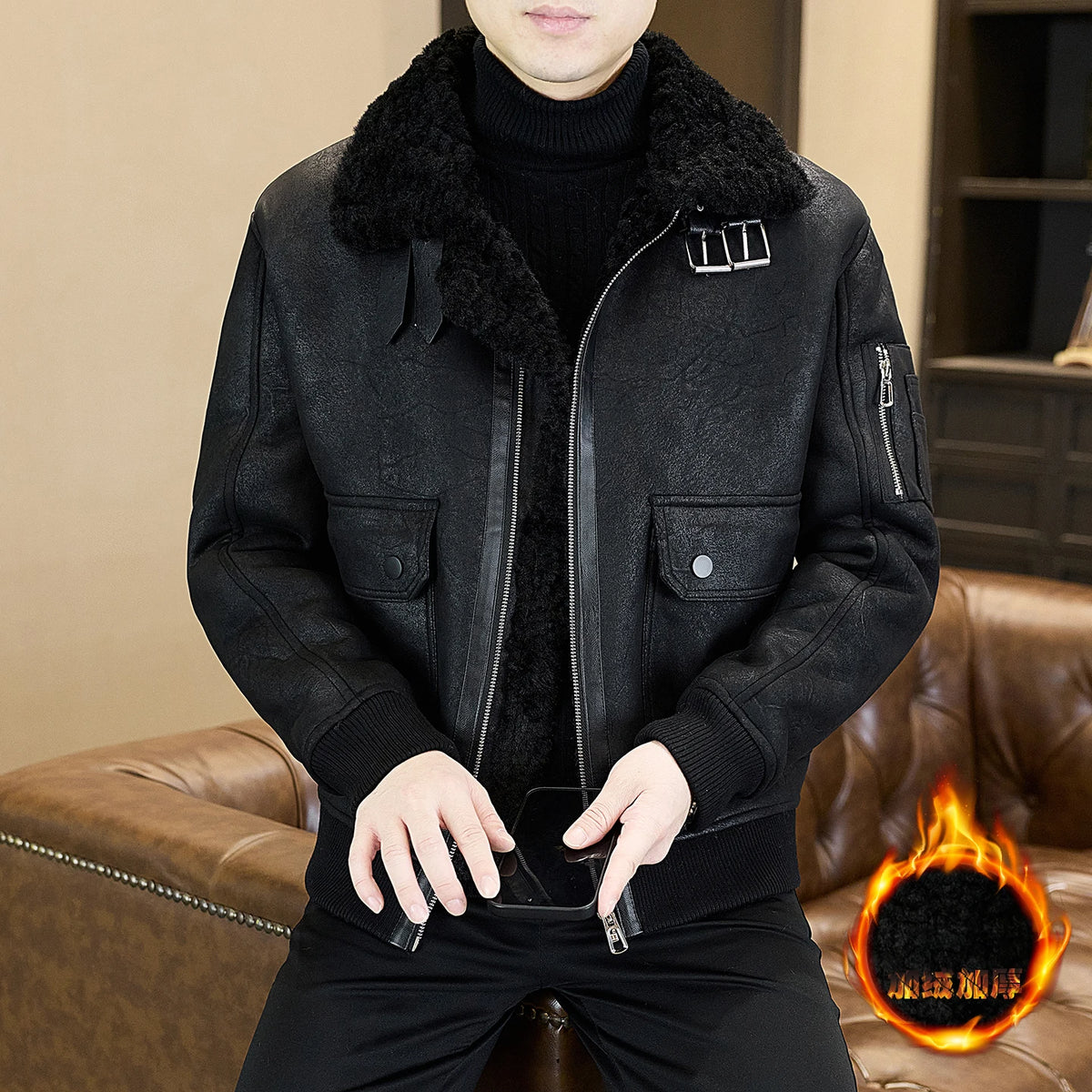 2025 Winter Fur Integrated Leather Jacket Men Thick Velvet Imitation Fur Leather Coat Loose Motorcycle Coat Casual Streetwear