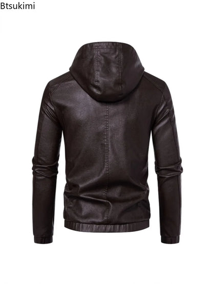 New Autumn Winter Men's Fleece Leather Jackets Casual Warm Windbreaker Hooded Coats Men Motorcycle PU Leather Jackets Streetwear