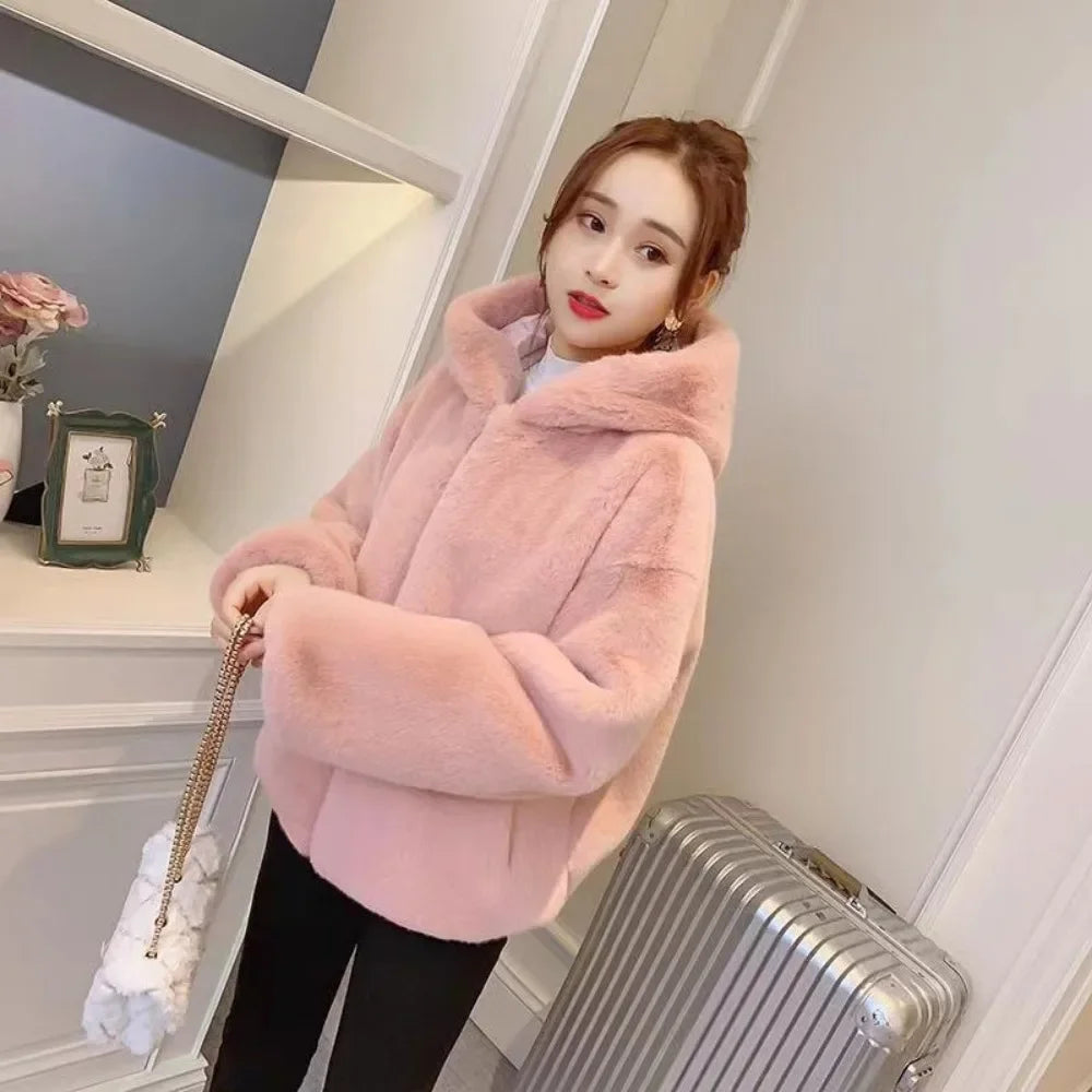 Fur Jacket for Women 2024 New Autumn and Winter Outfit  Thick Hooded Imitation Rabbit Mink Plush Loose Short Jacket for Women