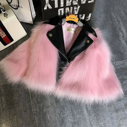 Kids Faux Fox Fur Jacket Short Thickened Biker Coat Leather & Fur Blend Outerwear for Boys Girls