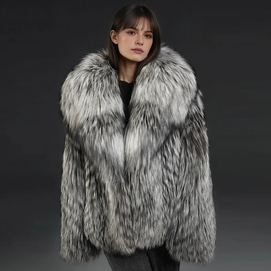 Natural Fox Fur Jacket With Turndown Collar Real Silver Fox Fur Jacket Winter Jackets For Women Luxury Genuine Fur Outwear