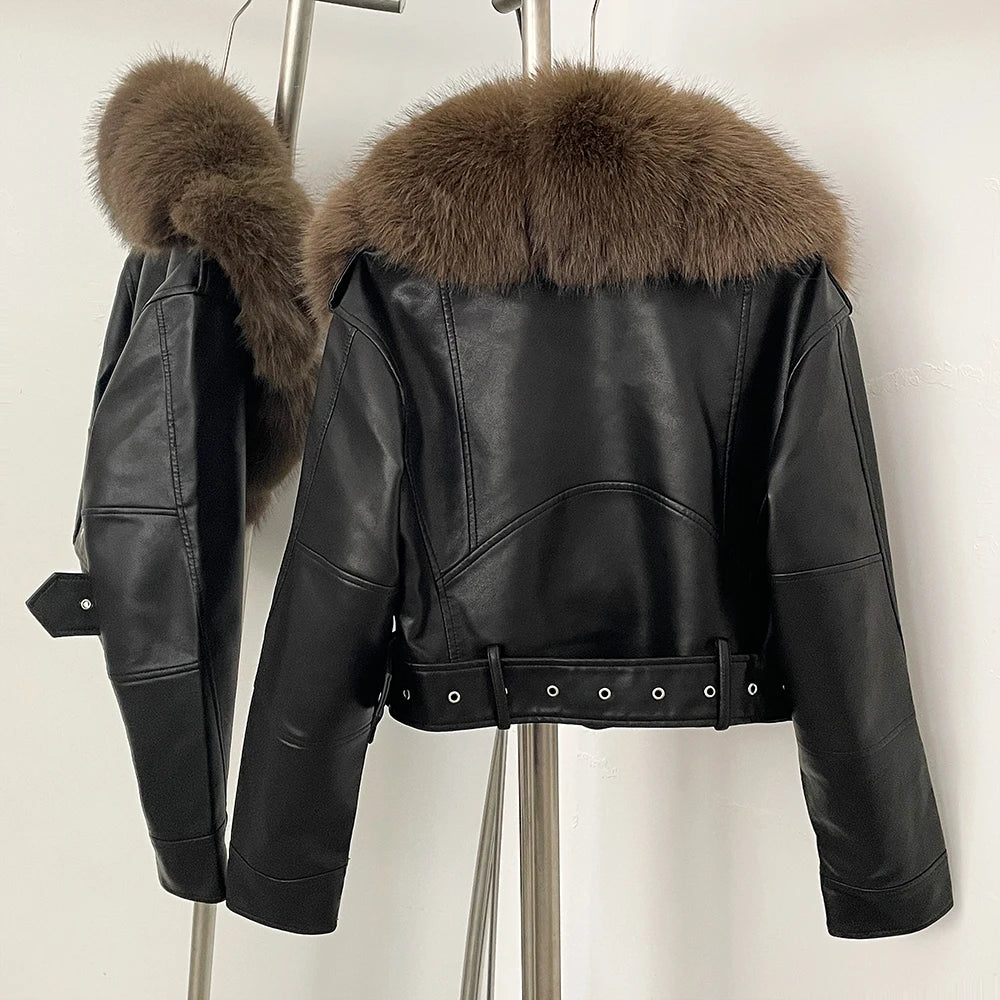 Fur Coat Eco-friendly Long Sleeve Autumn Faux Leather Jacket Short Clothing Female Spring New PU Fur Jacket Artificial Pockets