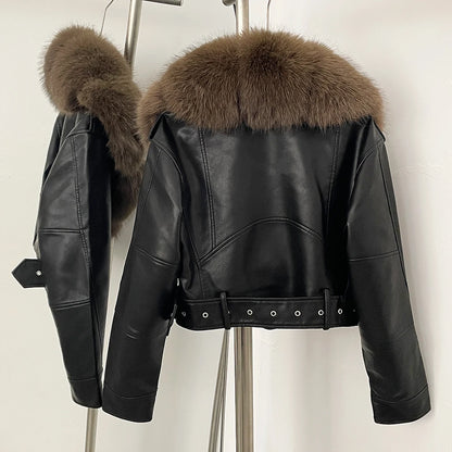 Fur Coat Eco-friendly Long Sleeve Autumn Faux Leather Jacket Short Clothing Female Spring New PU Fur Jacket Artificial Pockets