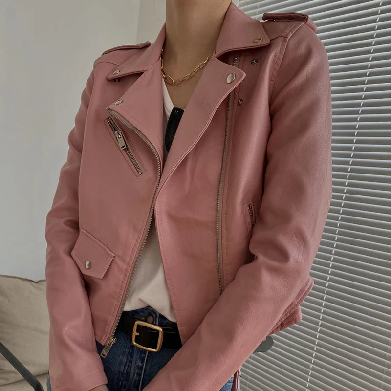New Leather Jacket Women's Fashion Autumn PU Slim Fit Artificial Leather Motorcycle Coat Black Red Leather Jacket Women