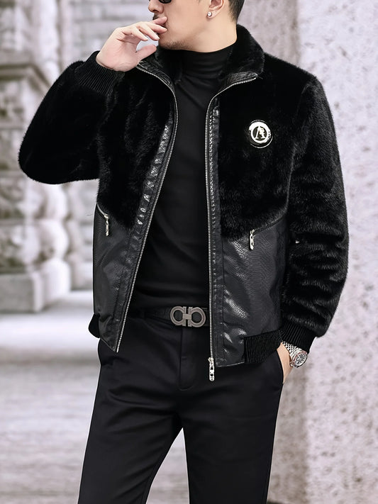 Winter Stand-Up Collar Men's Fashionable Casual Warm Faux Mink Fur Spliced Pu Leather Jacket