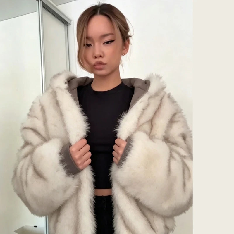 Reversible Faux Fur Hooded Jacket Women Zip Up Oversized Cropped Coat 2 Ways Wear 2026 Winter Casual Street Outerwear