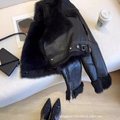 Faux PU Leather Coats Women Fur Collar Coat Thick Warm Short Jackets Spring Streetwear Button Open Stitch Jacket Autumn Winter