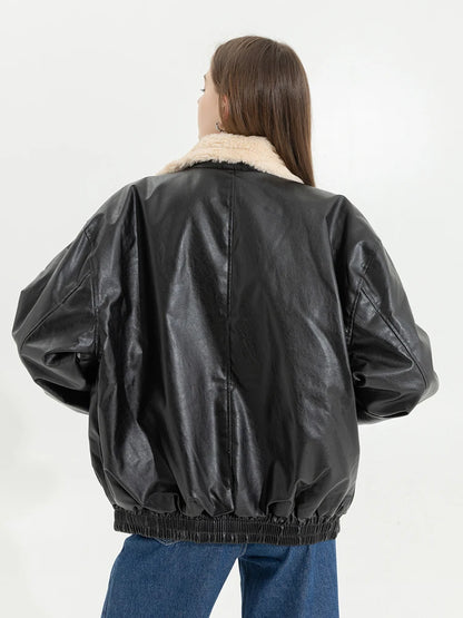 Winter Women's Fur Leather Jacket Long Sleeved Loose Warm Lamb Wool Vintage Thickened Locomotive Lapel Female PU Motorcycle Coat