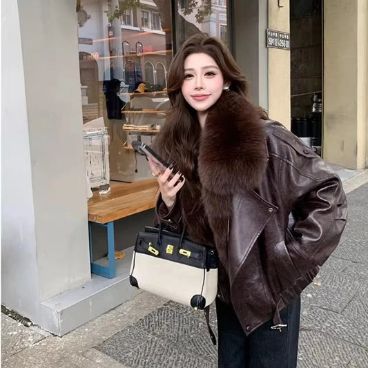 OFTBUY Women's Detachable Real Fox Fur Collar Goose Down Jacket New Winter Top Clothes Oil Wax Faux Leather Puffer Coat Female