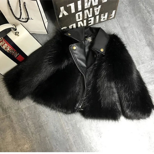 Kids Faux Fox Fur Jacket Short Thickened Biker Coat Leather & Fur Blend Outerwear for Boys Girls