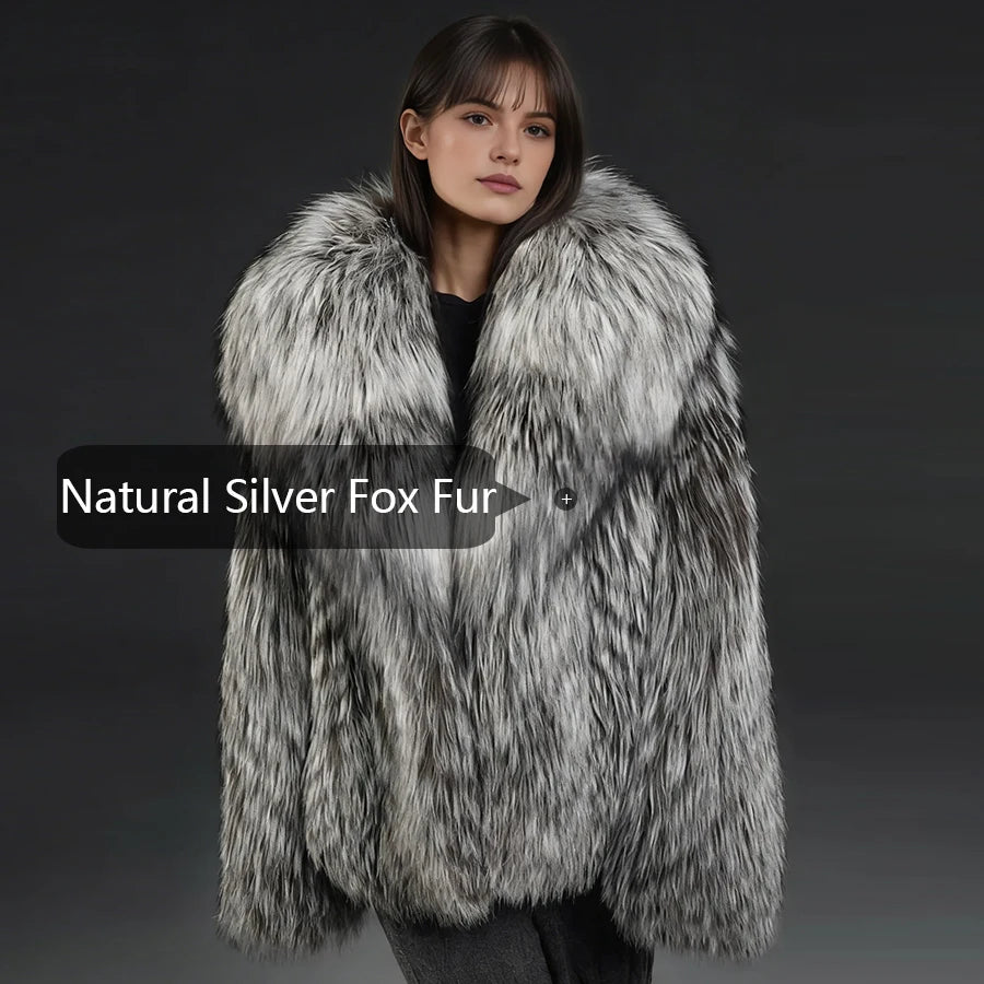 Natural Fox Fur Jacket With Turndown Collar Real Silver Fox Fur Jacket Winter Jackets For Women Luxury Genuine Fur Outwear