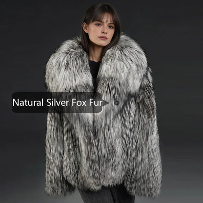 Natural Fox Fur Jacket With Turndown Collar Real Silver Fox Fur Jacket Winter Jackets For Women Luxury Genuine Fur Outwear