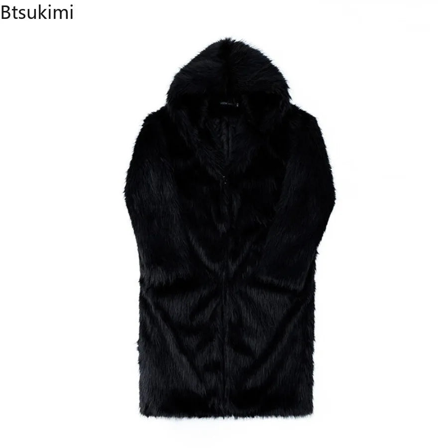 Faux Fur Coats Men's Casual Hooded Jackets Solid Round Neck Full Sleeve Longline Loose Fit Autumn and Winter Thick Warm Jackets