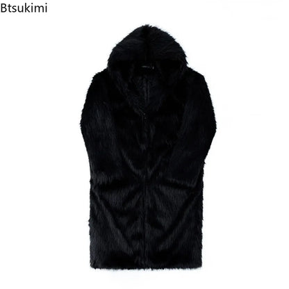 Faux Fur Coats Men's Casual Hooded Jackets Solid Round Neck Full Sleeve Longline Loose Fit Autumn and Winter Thick Warm Jackets
