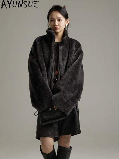 AYUNSUE Natural Sheepskin Fur Coat Women Stand Collar Real Leather Jacket Winter Jackets Luxury Clothing Female Шуба Женская