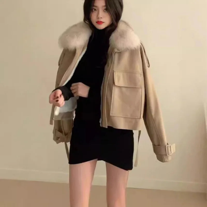2024 Autumn and Winter Velvet Thickened Leather Jacket Short Removable Imitation Fox Fur Collar Fur All-in-one Jacket Women