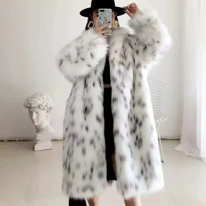 Women's Leopard Print Faux Fur Coat Ladies Streetwear Trend Winter Warm Long Jackets Overcoat Outerwear