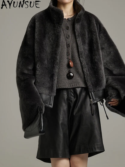 AYUNSUE Natural Sheepskin Fur Coat Women Stand Collar Real Leather Jacket Winter Jackets Luxury Clothing Female Шуба Женская