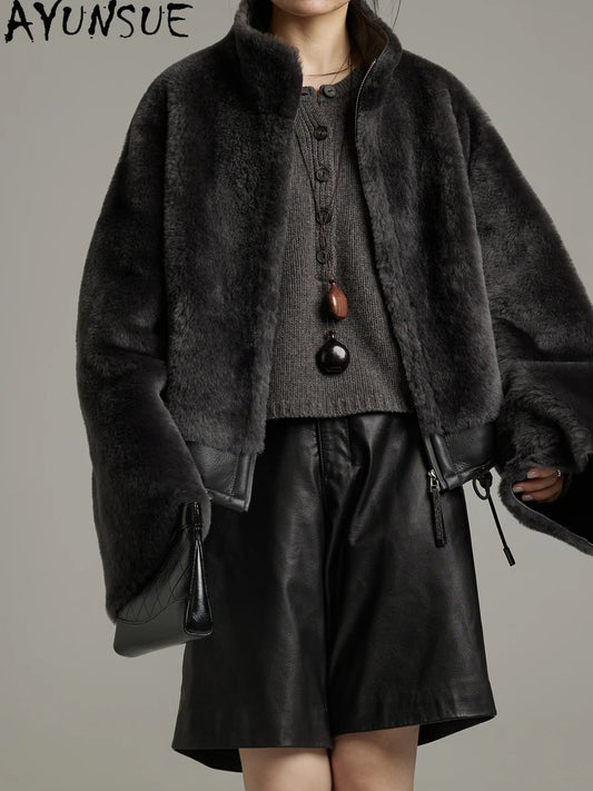 AYUNSUE Natural Sheepskin Fur Coat Women Stand Collar Real Leather Jacket Winter Jackets Luxury Clothing Female Шуба Женская