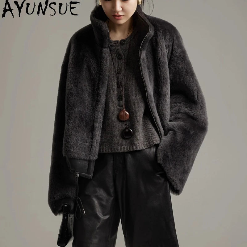 AYUNSUE Natural Sheepskin Fur Coat Women Stand Collar Real Leather Jacket Winter Jackets Luxury Clothing Female Шуба Женская