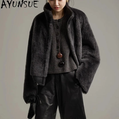 AYUNSUE Natural Sheepskin Fur Coat Women Stand Collar Real Leather Jacket Winter Jackets Luxury Clothing Female Шуба Женская